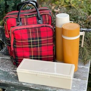 Vintage Thermos picnic bag MCM red black plaid drink food travel set